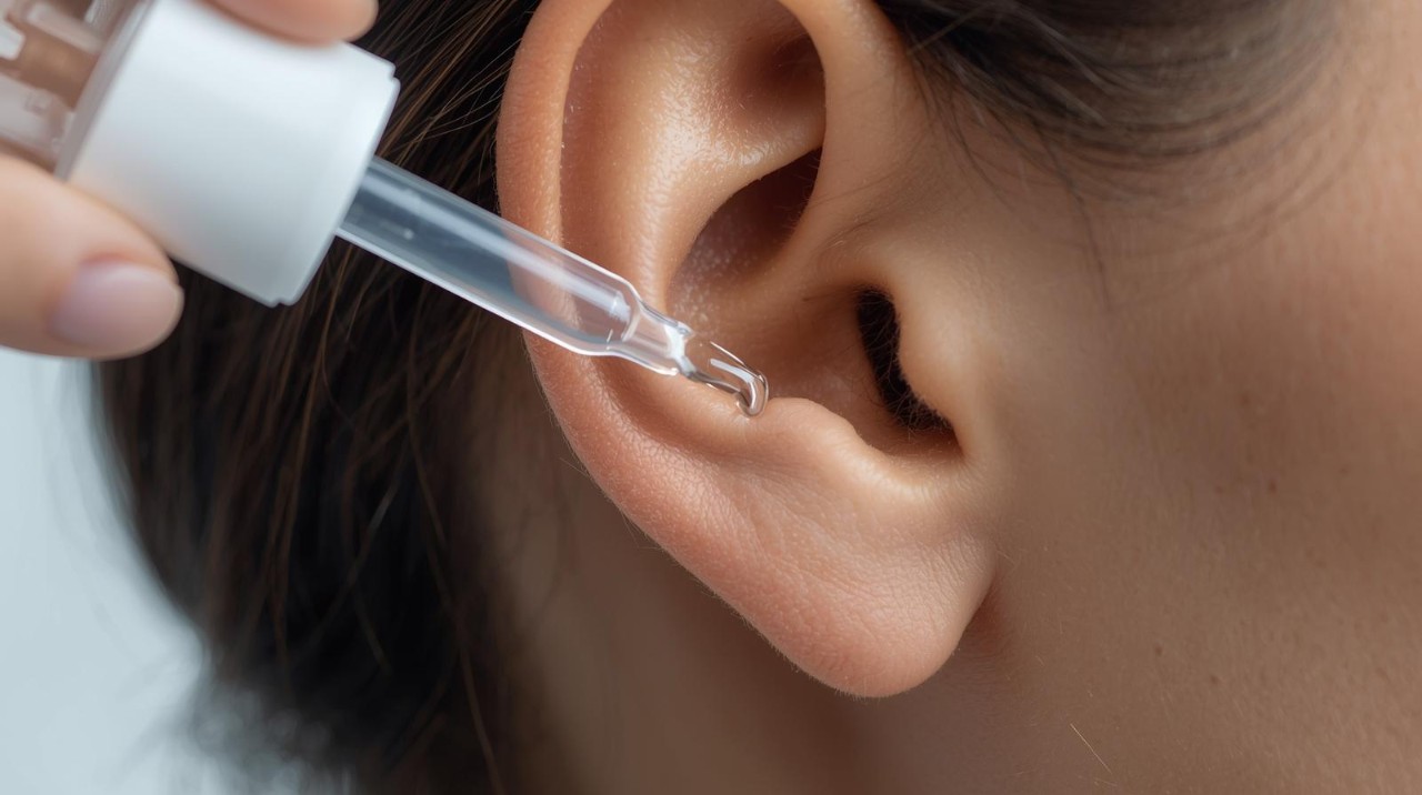 A dropper is positioned near an ear, ready to apply ear drops.